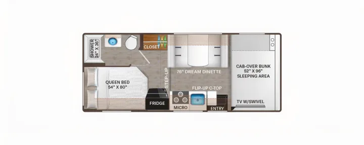 Explore this RV rental's detailed floor plan! Features queen bed, dinette, bath, kitchen, and bunk sleeping area.. Other Other 2024