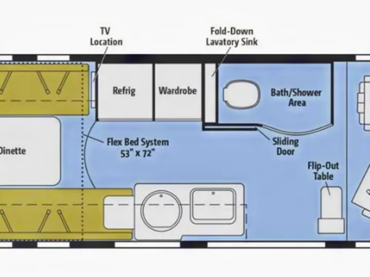 RV rental floor plan diagram, showing its detailed interior layout, including flex bed, bath, kitchen, and dinette.. Winnebago Paseo 2017