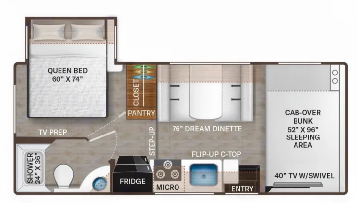 This RV rental floor plan displays a spacious interior with a queen bed, cab-over bunk, dinette, full kitchen, and bathroom.. Thor Freedom Elite 2023