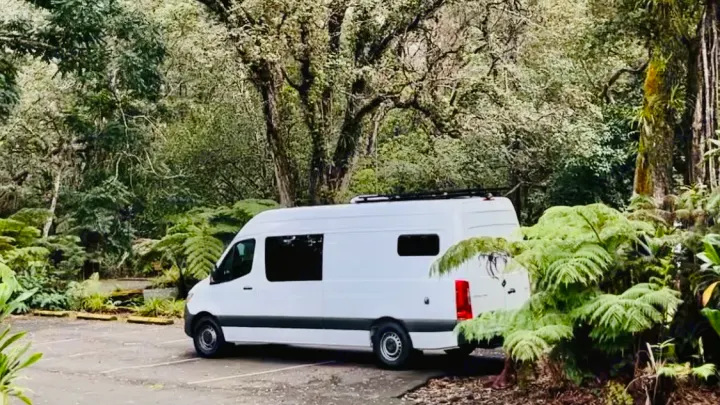 White camper van RV rental parked in a lush, green forest parking lot, surrounded by ferns and tall trees.. Mercedes-Benz 2500 Cargo 170 2023