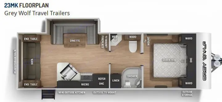 Top-down view of a 23MK Grey Wolf travel trailer floorplan for rv rental, showing the queen bed, kitchen, bath, and living space.. Forest River Cherokee Grey Wolf 2022