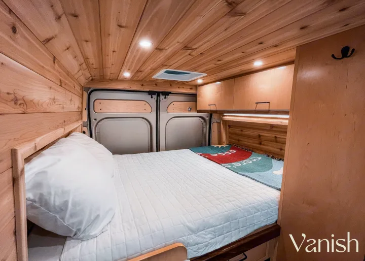 This cozy rv rental interior features a full bed, warm wooden walls & ceiling, and smart storage, perfect for your next adventure.. Ram Promaster 2022