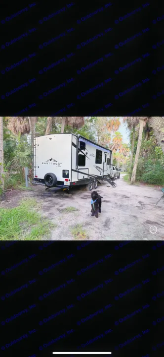 An East West Alta **RV rental** travel trailer is parked at a treed campsite with a black dog in front.. East to West Alta 2022