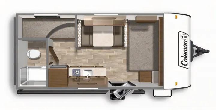 Coleman RV rental floor plan: See inside this travel trailer with a bed, dinette, kitchen, and bath.. Coleman 17B 2024