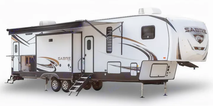 A detailed view of a large, white and brown fifth-wheel RV, showcasing its extended awning and multiple slide-outs, ideal for rv rental.. Forest River Sabre 2021