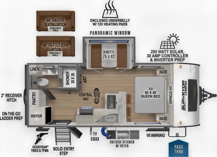 Detailed RV rental floor plan: 60x80 queen bed, dinette, full kitchen, bath, solar prep, and seating options for a versatile layout.. Forest River Surveyor Legend 202RBLE 2024
