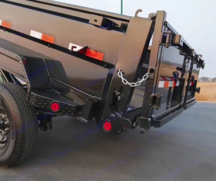 This black dump trailer with open tailgate and safety reflectors is available for rental, alongside RV rental services.. Iron Bull 7x14 Dump Trailer 2022