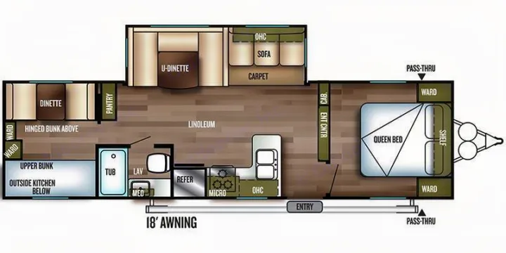 This RV rental floor plan diagram details the spacious interior: queen bed, dinettes, sofa, kitchen, bath, and bunks.. Forest River Salem 2019