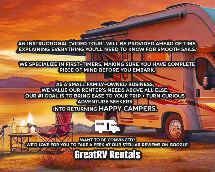 An RV rental parked at sunset by a lake, with a camp chair, table & lantern. Perfect for first-timers!. Fleetwood Tioga Ranger 25G 2011