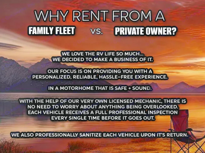 RV rental ad: Why choose a family fleet over a private owner? Highlights benefits like safety, reliable service, and inspection.. Fleetwood Tioga Ranger 25G 2011