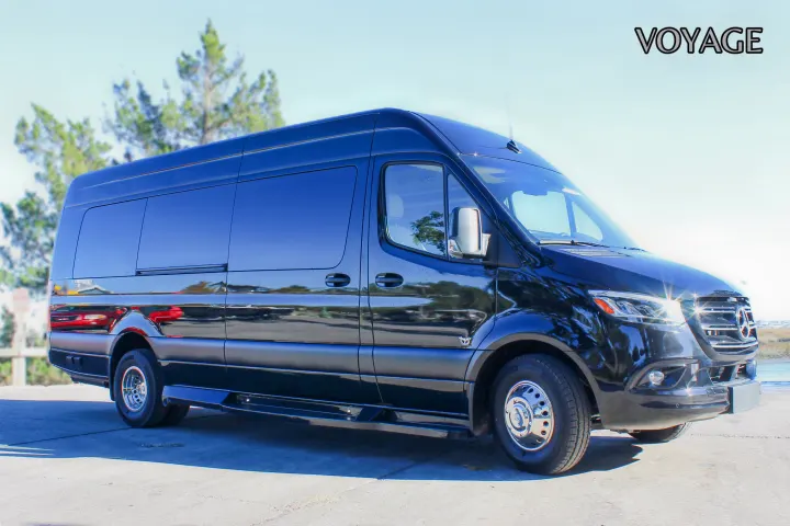 Sleek black Mercedes-Benz Sprinter conversion van, perfect for rv rental, parked outdoors.. Mercedes-Benz Sprinter 419 LWB High Roof 2024
