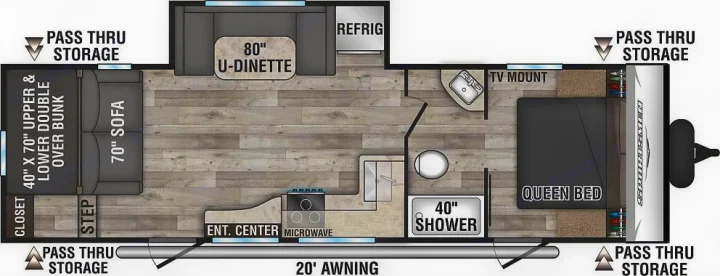 Detailed RV rental floor plan: queen bed, bunks, dinette, sofa, kitchen, 40" shower, and pass-thru storage.. Sportsmen SE 2023