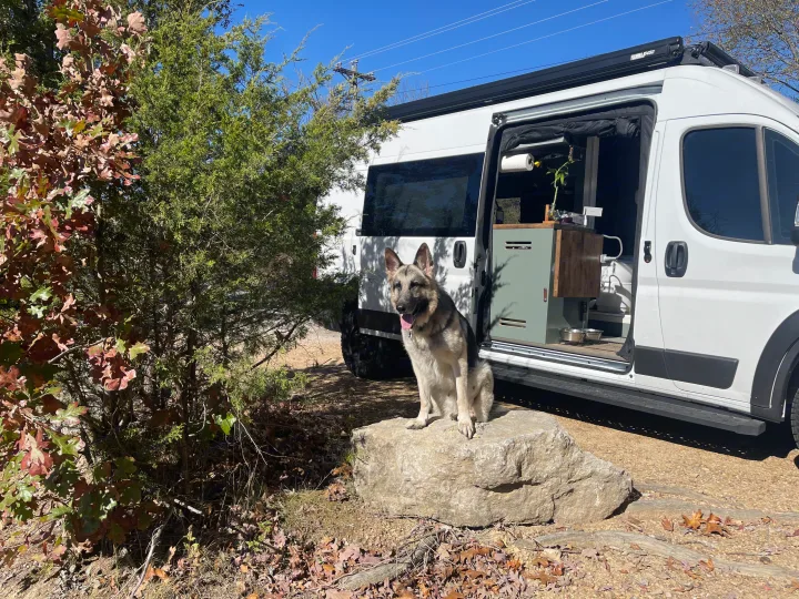 A happy German Shepherd sits on a rock next to a white RV, with its side door open. Ideal for your next RV rental adventure!. 27North 27North Class B 2023
