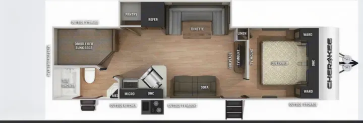 This RV rental floor plan reveals a travel trailer's layout, featuring a queen bed, bunk beds, kitchen, bath, dinette, and sofa.. Forest River Cherokee 2022