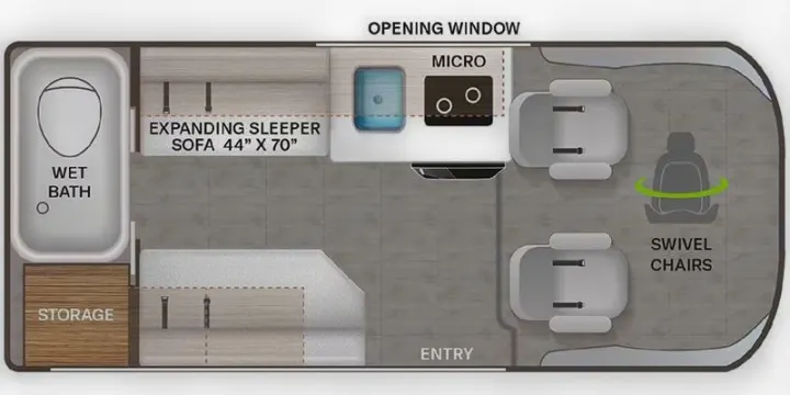 This RV rental interior layout features a wet bath, 44"x70" expanding sleeper sofa, microwave, and front swivel chairs, ideal for a camper van.. Thor Scope 18G 2024