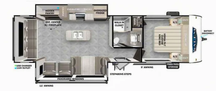 RV rental floor plan: spacious living, kitchen, king bed, bath, walk-in closet, and outdoor awnings.. SALEM 27REX 2024