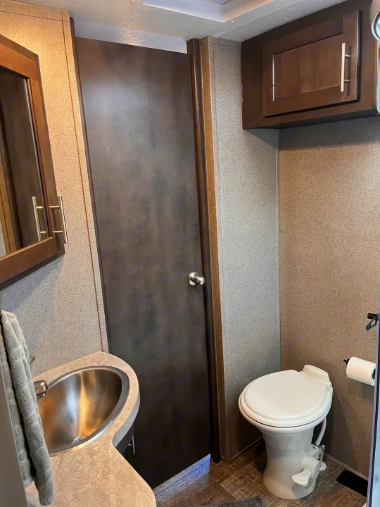 Clean RV rental bathroom interior featuring a stainless steel sink, white toilet, and dark wooden door.. Forest River Rockwood Ultra Lite 2020