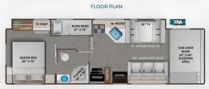RV rental floor plan showing a detailed interior layout with queen bed, bunks, kitchen, bathroom, and living areas.. Thor Freedom Elite 2023