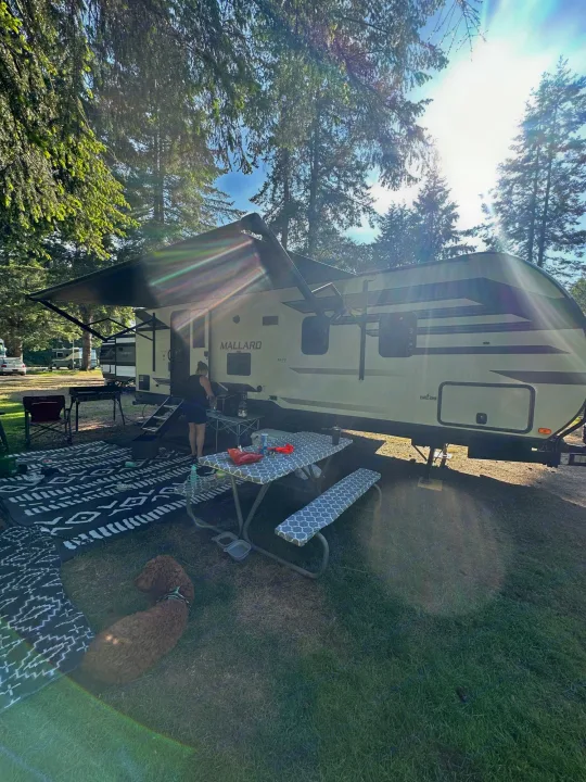 Woman sets up her RV rental at a sun-drenched campsite, featuring an awning, picnic table, mat, and a dog.. Heartland RVs Mallard 2021