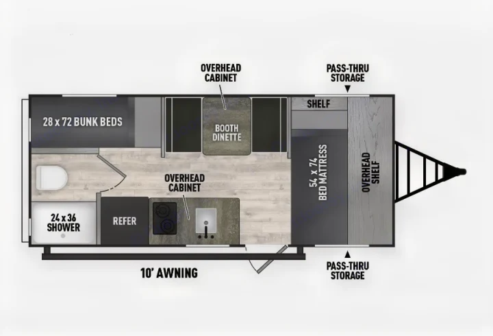 RV rental floor plan: Compact travel trailer with 28x72 bunk beds, 54x74 main bed, dinette, shower, and storage.. Coachmen Clipper 2024