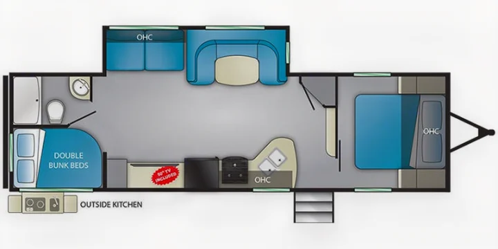 RV rental floor plan: Full interior layout with master bedroom, bunk beds, kitchen, and outside kitchen.. Heartland RVs Pioneer 2021