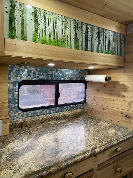 Custom RV rental interior with a kitchen counter, mosaic tile backsplash, and a decorative birch tree mural.. Dodge Sprinter Van 2016