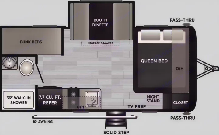 RV rental floor plan: queen bed, bunk beds, booth dinette, kitchen, and 36" walk-in shower for comfort and space.. Keystone RV Hideout 2023