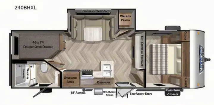 This 240BHXL travel trailer floor plan, perfect for an RV rental, features bunk beds, a full kitchen, and a master bedroom.. Forest River Salem Cruise Lite 2021