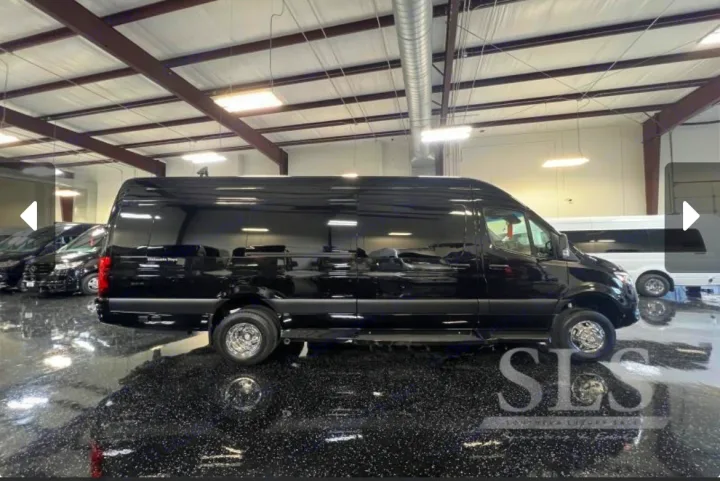 Sleek black luxury Sprinter van, gleaming in a showroom, available for RV rental. Perfect for premium group travel.. Midwest Automotive Designs Day Cruiser 2024