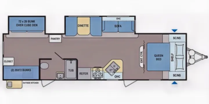 RV rental travel trailer floor plan with queen bed, bunks, kitchen, dinette, and sofa, showing interior layout.. Dutchmen Coleman Light 2018
