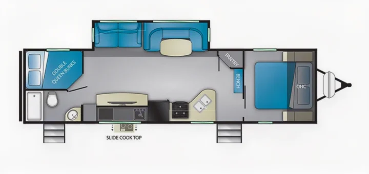 RV rental floor plan shows front bedroom, central kitchen/living, rear bunk room & bath. Features slide-outs, pantry, bench.. Heartland RVs North Trail 2018