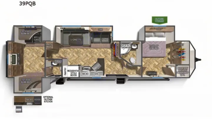 RV rental floor plan of a 39PQB recreational vehicle, detailing the spacious interior layout with multiple beds, kitchen, and bath.. Forest River Palomino Puma 2022
