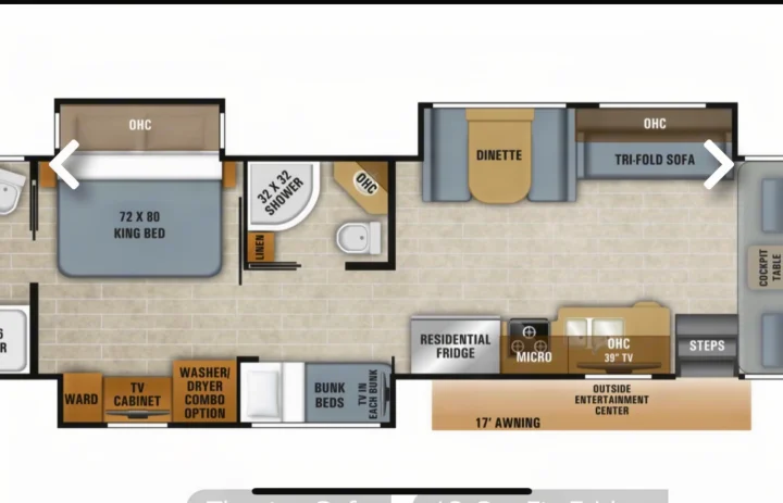 RV rental interior floor plan featuring a king bed, bunk beds, bath, kitchen, and living area layout.. Jayco Precept 2021