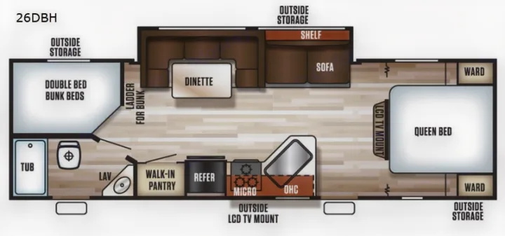 Detailed RV rental floor plan (26DBH) with queen bed, double bunks, kitchen, bath, dinette, and sofa for spacious travel.. Forest River Cherokee Grey Wolf 2019