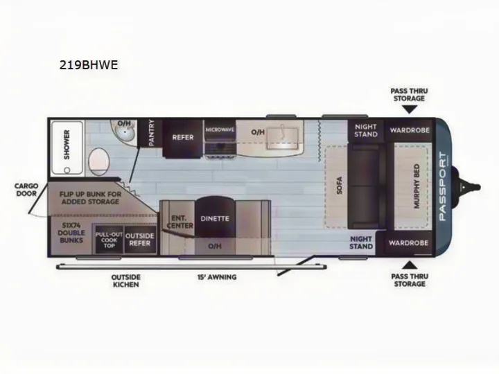 219BHWE travel trailer RV rental floor plan, detailing bunks, kitchen, dinette, Murphy bed, and storage layout.. Keystone RV Passport SL 2021