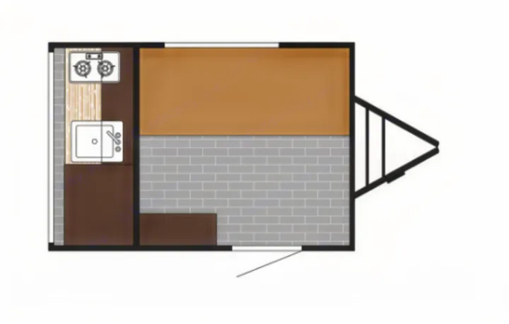 RV rental floor plan: compact camper layout with kitchen (sink, stovetop), bed/seating, and main area.. Sunset Park RV SunRay 2023