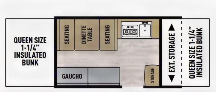 RV rental floor plan with two queen insulated bunks, a dinette, seating, kitchen (stove, sink), gaucho, and storage areas.. Coachmen Clipper Sport 108ST 2022