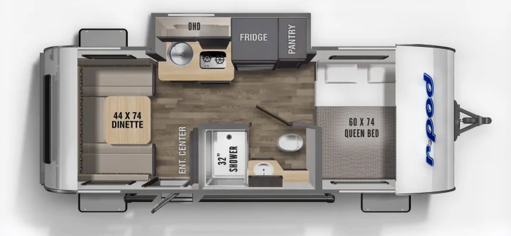 Detailed RV floor plan for your next RV rental. Features a dinette, full kitchen, 32" shower, and a queen bed.. Forest River R-Pod 190 2024
