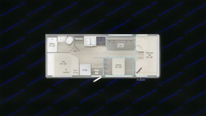 RV rental floor plan: an overhead view of the interior layout, detailing beds, kitchen, dinette, and bathroom areas.. Winnebago Minnie Winnie 2024