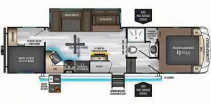 Spacious RV rental floor plan showing bedroom, bath, kitchen, living area, and rear garage. See interior layout.. Forest River Cherokee Arctic Wolf 2021