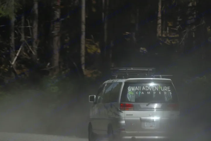 An RV rental van, "GWII ADVENTURE CAMPERS," kicks up dust on a forest road, ideal for adventure and camping.. nissan elgrand 1997