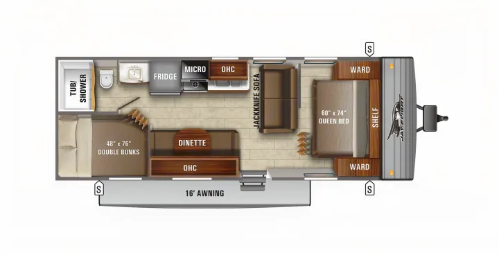 Detailed RV rental floor plan shows a travel trailer layout with queen bed, bunks, kitchen, bath, dinette & 16' awning.. Jayco Jay Flight SLX Rocky Mountain Edition 2021