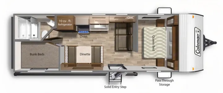This RV rental floor plan features a Coleman travel trailer layout with a kitchen, dinette, queen bed, and bunk beds.. Dutchmen Coleman Lantern LT 2023