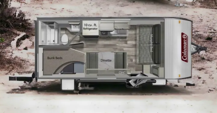 RV rental travel trailer floor plan: Top-down view showing bunk beds, dinette, Murphy bed, and full bathroom.. Dutchmen Coleman Lantern LT 2022
