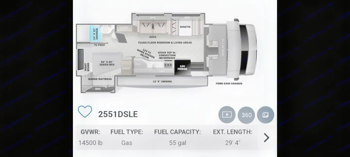 This RV rental floor plan (2551DSLE) details a motorhome layout with queen bed, shower, kitchen, bunks & specs (29'4" ext. length).. Forest River Forester 2020