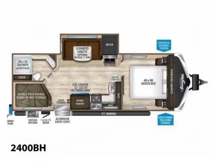 RV rental floor plan: Imagine 2400BH travel trailer with queen bed, double bunks, kitchen, and bath.. Grand Design Other 2018