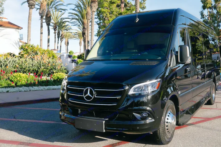 Black Mercedes-Benz Sprinter van, perfect for a luxury RV rental experience, parked by lush gardens and palm trees.. Ultimate Toys Ultimate Coach 2024