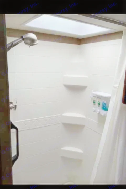 Step into this clean, compact RV rental shower, featuring a skylight, built-in shelves, and convenient soap dispenser.. Thor Vegas 2016
