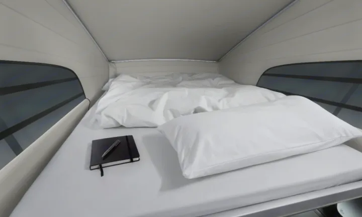 Cozy RV rental pop-top sleeping area with white bedding, notebook, and pen for your travels.. Mercedes Marco Polo Class V 2019