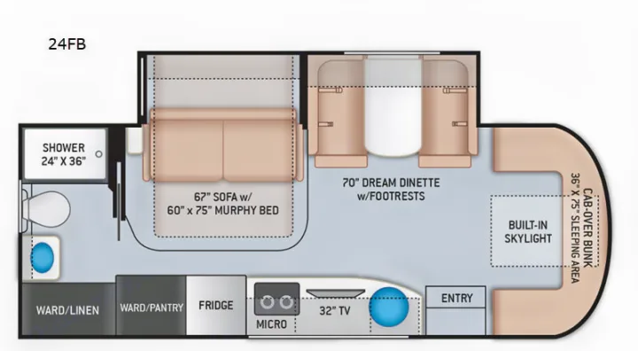 24FB RV rental floor plan: illustrates interior layout with Murphy bed, dinette, shower, kitchen, and cab-over bunk sleeping area.. Thor Delano 2021